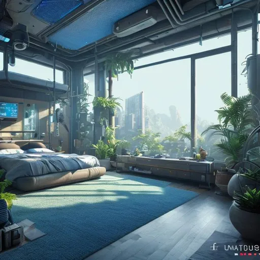 Prompt: futuristic large bedroom, cluttered, cozy, solarpunk, tropical island, blue grey, digital wall screen, thick carpeting, projects, luxury, interior, solarpunk, realistic details, photorealistic, 8k render, cinematic lighting, ultra detailed