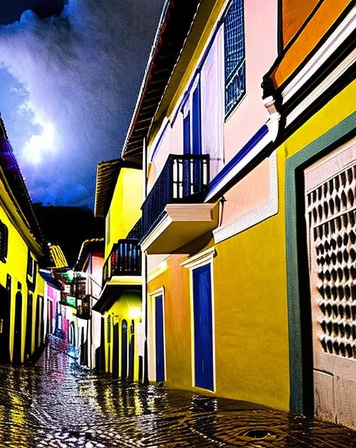 Prompt: color photograph of highly detailed Ouro Preto street, at night, with rain, natural light, film grain, soft vignette, sigma 85mm f/1.4 1/10 sec shutter, film still promotional image, IMAX 70mm footage