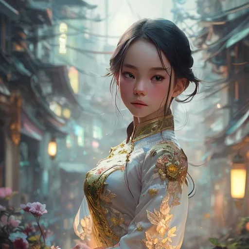 Prompt: soft lighting, perfect composition, cinematic, dramatic, detailed painting, 8k, octane render, by makoto shinkai, stanley artgerm lau, wlop, rossdraws, concept art, digital painting ,vietnamese girl, cute, The central figure should be a young Vietnamese woman, attractive and radiant. She should be adorned in an Ao Dai, Vietnam's traditional outfit, warrior