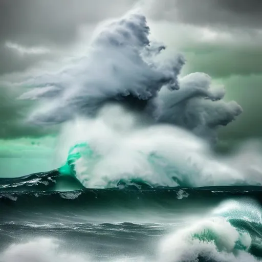 Prompt: raging stormy sea protecting a white and green and gold island .