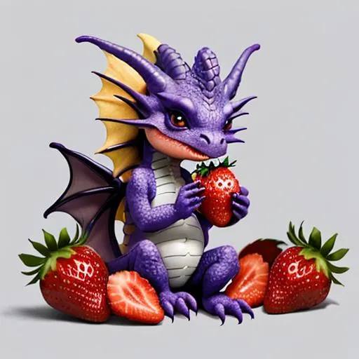 Prompt: A (cute and baby) purple dragon  eating a strawberry
 
