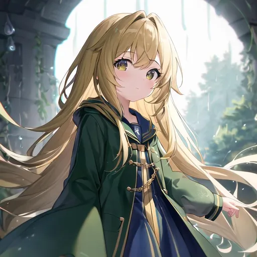 Prompt: (masterpiece, best quality:1.2), illustration, absurdres, highres, extremely detailed, 1 (petite) girl, Navy long hair, golden eyes, eye highlights, (green raincoat), depth of field, (:d:0.8), chromatic aberration abuse, pastel color, Depth of field, facing camera, raining, happy
