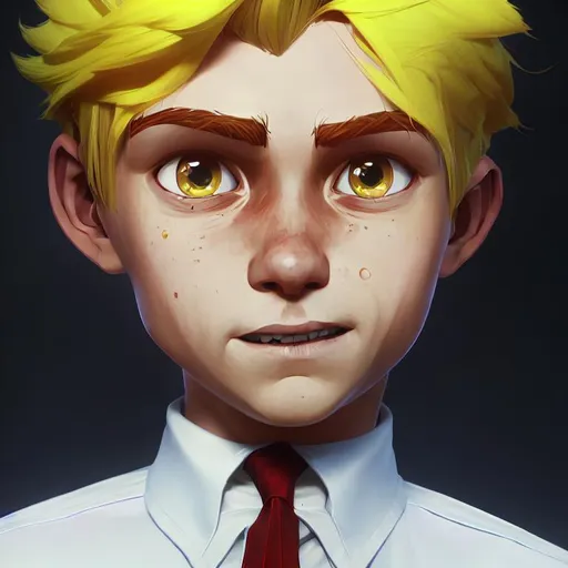 Prompt: a young boy in white shirt, red tie, blue eyes, yellow hair which is thick, wavy mop of yellow strands, smiling, playful and upbeat personality. hyperrealism delicate detailed, by Jim Burns