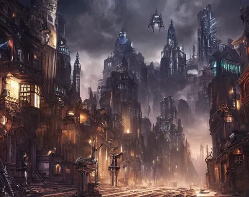 Prompt:  Gothic cyber city landscape, highest quality , digital painting, cinematic cold color palette, spotlight,perfect composition, hyperrealistic, super detailed, 8k, high quality, sharp focus,intricate details, highly detailed, dynamic lighting, detailed and intricate environment,
 detailed environment