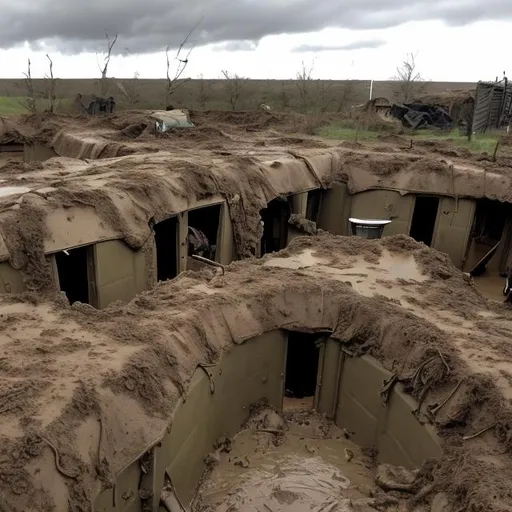 Prompt: trench warfare, living quarters, muddy, scifi