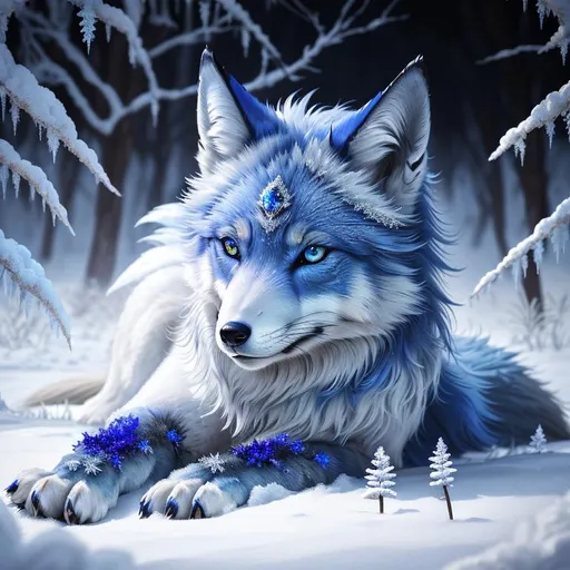 Prompt: (masterpiece, professional oil painting, epic digital art, best quality, highly detailed:1.5), extremely beautiful blue fox-wolf, (canine quadruped), female, adolescent, ice elemental, deep royal blue fur covered in frost, (bashful hypnotic sapphire blue eyes), 8k eyes, sprawled on frosted field, insanely beautiful, gorgeous billowing silver mane covered in frost, (plump:2), brightly glistening fur, thick silky glistening mane, by Anne Stokes, by Yuino Chiri, mid close up, detailed smiling face, finely detailed fur, hyper detailed fur, (soft silky insanely detailed fur), moonlight beaming through clouds, grassy field covered in frost, fluffy fox ears, highly detailed mouth, cool colors, beaming sun, professional, symmetric, golden ratio, unreal engine, depth, volumetric lighting, rich oil medium, (brilliant auroras), (ice storm), full body focus, beautifully detailed background, highly detailed defined furry legs, cinematic, 64K, UHD, intricate detail, high quality, high detail, masterpiece, intricate facial detail, high quality, detailed face, intricate quality, intricate eye detail, highly detailed, high resolution scan, intricate detailed, highly detailed face, very detailed, high resolution