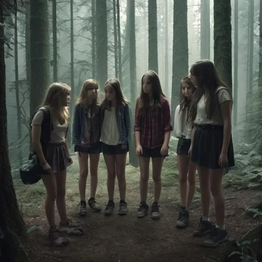 Prompt: Five girls searching for something in a dark forest.
