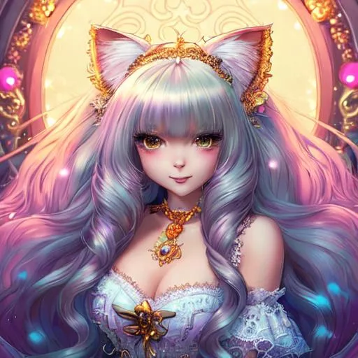 Prompt: Portrait Of A Cute Cat, Fluffy, Long Hair, Hyperdetalization Of Eyes, Lace, Beautiful Dress, Rhinestones, Sequins, Kind Face, Cute Smiles, Soft Facial Features, Thick Eyelashes, Jewelry, Lisa Frank, Anime, Anna Dittmann, Fantasy Art, Concept Art, Colourful Lighting, Golden Hour, anime Character Design, Unreal Engine, Vintage Photography, Beautiful, Tumblr Aesthetic, Retro Vintage Style, Hd Photography, Hyperrealism, Beautiful Watercolor Painting, Realistic, Detailed, Painting By Olga Shvartsur, Svetlana Novikova, Fine Art, Soft Watercolor