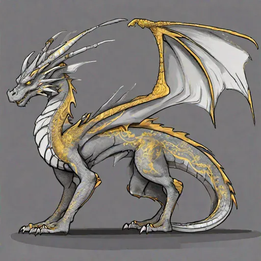 Prompt: Concept designs of a dragon. Full dragon body. Dragon has four legs and a set of wings. Side view. Coloring in the dragon is predominantly dark grey with golden streaks or details present.