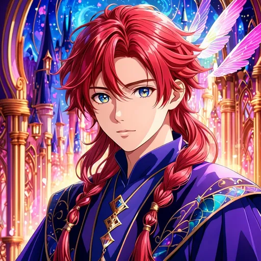 Prompt: Young man. short. monkey ears. long red hair. pink peard. wizard. anime style, portrait