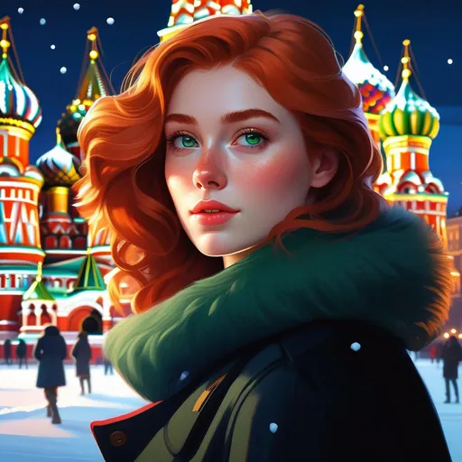 Prompt: Third person, gameplay, Russian girl, pale skin, freckles, curly ginger hair, green eyes, 2020s, smartphone, Moscow, Red Square at night, snow, blue atmosphere, cartoony style, extremely detailed painting by Greg Rutkowski and by Henry Justice Ford and by Steve Henderson 