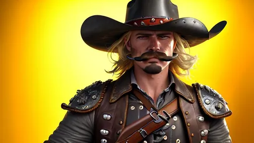 Prompt: Photorealistic cowboy Western Style, blond moustache, carring two pistols Winchester 1873 pistol in hands and gray breastplate, leather shoulder.
 Hyperdetailed photorealism, 108 megapixels, amazing depth, glowing rich colors, powerful imagery, psychedelic Overtones, 3D finalrender, 3d shading, cinematic lighting, artstation concept art