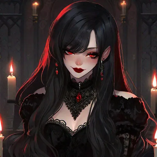 Prompt: A goth vampire girl with black lace dress, ((pale skin)), ((dark red lipstick)), ((intense crimson eyes)), long ((jet-black)) hair cascading over her shoulders, ((elegant)) fangs peeking out from her lips, ((sinister)) smirk illuminated by the flickering candlelight, standing in front of a ((creepy)) Gothic mansion adorned with ((ornate)) gargoyles and ivy-covered walls. Behind her, a full moon casts an eerie glow, casting long shadows across the ((desolate)) graveyard scattered with crumbling tombstones.