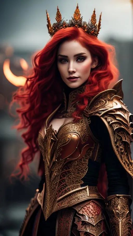 Prompt: Create a photograph of a beautiful fictional female human that is a warlock, with beautiful red dragon  armor, red hair, sword in hand and crown in head, extremely, detailed environment, detailed background, intricate, detailed skin, natural colors , professionally color graded, photo realism, 8k, moody lighting
