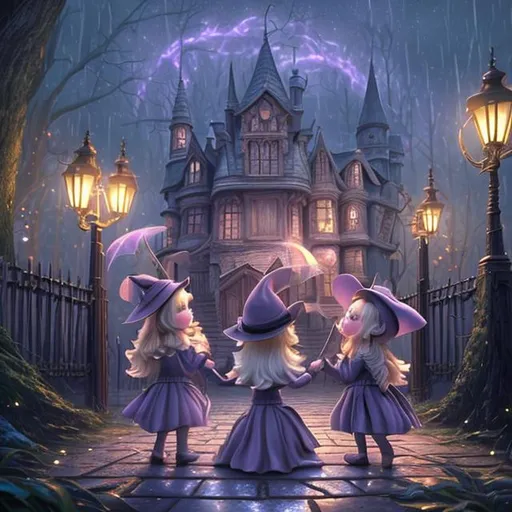 Prompt: a 3d digital art of cute 3witches in a magic school  , dark background,  beautiful rainy day, storytelling photography, vibe, perfect camera shot, ultra-detailed, night, night sky, stars, calm, alone, art, realistic, hyper-realistic, highly detailed, realism, 32k, photography, hdr, 1080p, cinematic, Hyperrealistic, fictional environment, mid shot, intricately detailed, colour depth, dramatic, side light, colourful background, beautifully shot, perfect composition, atmospheric, moody, happy, emotion, natural white spotlight shining on subject. Realistic shadows, 2/3 face angle