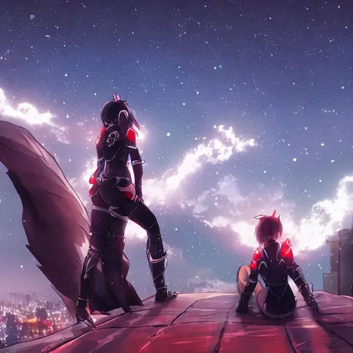 Prompt: A girl back view sitting on rooftop looking at city lights and starry sky at night, highly detailed, swaying blackish red short  hair, black light armour, anime style, dark, full moon, scenary