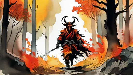 Prompt: a painting of a man in a horned costume walking through a forest, tyler jacobson art style, black bull samurai, (fire), feng zhu, watercolor painting style, photo pinterest, comic drawing style, abstract painting of man on fire, in the autumn forest, foreboding and epic, forest, gritty coloring, loose watercolor drawing, savage warrior, thumbnail