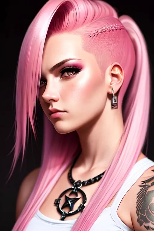 Prompt: Young woman, pink Long Hair, shaved Sides, Punk Look, full Shot, condescending Look, Lighting Cinematic, Depth of Field, Diffraction Gradient, White Balance, 32k HD, Ultra Detailed Photo, sharp focus, studio photo, intricate details, highly detailed