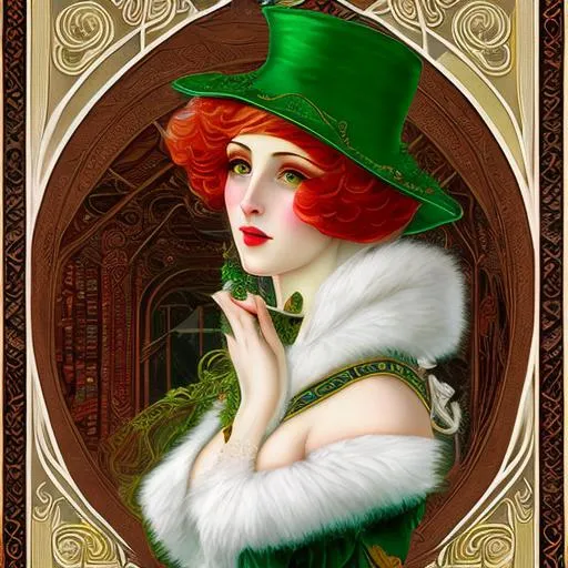 Prompt: EPIC PERSPECTIVE. Art nouveau style. Elegant red-headed lady with lovely face dressed in cream and green, form fitting long dress with hat and folded up Umbrella. haute couture circa 1920. Digital art very intricate art nouveau 