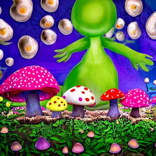 Prompt: A mushroom family of mommy, daddy, and two babies together holding hands, hopping,
Made out of mushroom
fairytale book shot
On a multidimensional psychedelic  background with new colors,
Diffused lighting
Centered all together, a lot of exotic flowers Hawaiian style
