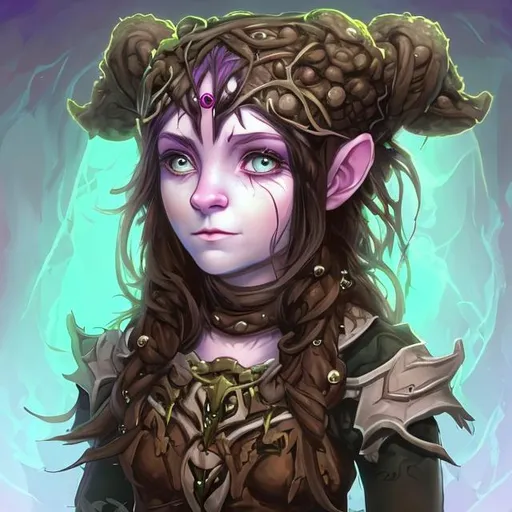 Prompt: A 6th level druid for a Dungeons and Dragons campaign. 
She is a halfling and but she is also part hexblood. Her hexblood lineage is shown in a irremoveable living headband made out of white bone that grows out of the back of her head and around her hair. She has brown hair and a purple skin. Her eyes are dark. Her nose is slightly tilted up.  She wears hide armour and a lot of green. She is 17 years old