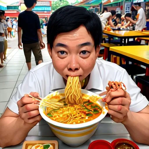 Prompt: Lee Hsein Loong eating laksa in hawker center