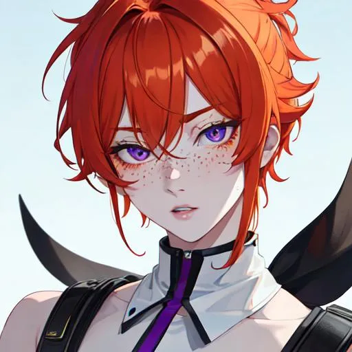 Prompt: Erikku male (short ginger hair, freckles, right eye blue left eye purple) UHD, 8K, Highly detailed, insane detail, best quality, high quality, as a thug