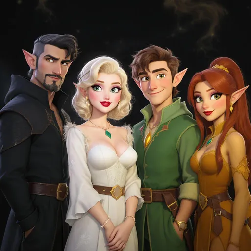 Prompt: Four people: Ravon, Sylphi, Kresnel & Naiada.  They are members of the magical FairFolk.  Each have their own clothing colour palette, Ravon - Black, Sylphi - White, Kresnel - Emerald, Naiada - Amber.  Ravon (male), short hair, fun but with a serious edge, but a twinkle in his eye. Sylphi (female) is blonde, with an image crossed between Agnetha from Abba and Marilyn Monroe, and is fun and more carefree.  Kresnel (male) is cheeky, a huge heart but always willing to prank his fellow FairFolk, twinkle in his eye. Naiada (female) has slight tomboy tendancies, she is Kresnel's sister, fun, but practical.  All magical. Disney 3D Style Characters