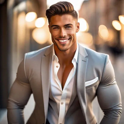 Prompt: Attractive, pretty, very muscular, tan, young male model, brunette hair, large shoulders, tight shirt and suit and jacket, confident posture, smiling, professional ambiance, high quality, realistic, cool tones, muscular, detailed facial features, tailored clothes, intense gaze, tailored clothing, ambient lighting