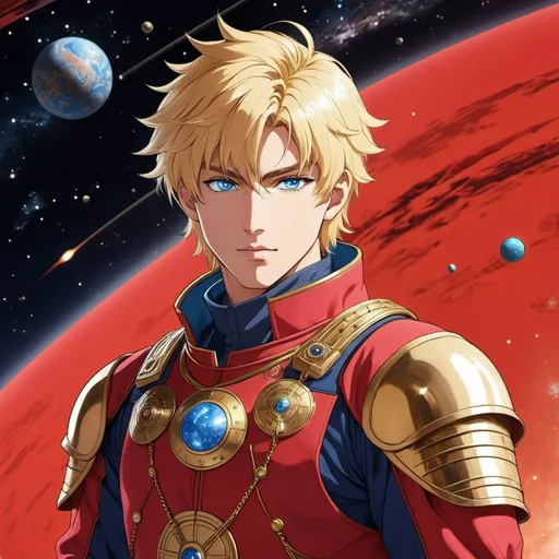 Prompt: Anime space khan, young man with blond hair and blue eyes, in a crimson space suit decorated with brass bullet casings and Mongol script