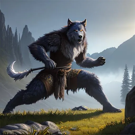 Prompt: Oil painting, landscape,  
ultra-realistic, 3d lighting, perfect composition, unreal engine 8k octane, 3d lighting, UHD, HDR, 8K, render, HD, 

highly detailed, camera  far away from the character, visible full body, 

ethereal, unnatural grey-skinned menacing werewolf in a battle stance resembling the Druid from Diablo 2 character, with big claws, a small tail, rear wolf limbs fibulas and hocks, and (gothic black and golden armor) with pauldrons, standing at the top of a lush hill in a dark forest at a red full moon's night, fighting infernal monsters. 

Landscape, (Masterfully crafted Glow, pale blue lens flare) behind