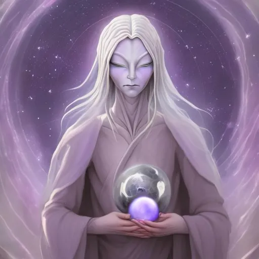 Prompt: gentle androgynous alien, lavender skin, protector of earth etherial soft benevolent holding an orb surrounded by celestial