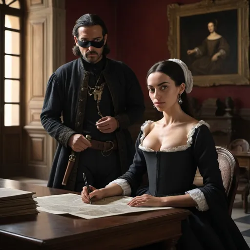 Prompt: "Ana de Mendoza, a woman with an eye patch on her right eye, involved in clandestine political intrigue, meeting with Antonio Pérez in a dimly lit room filled with documents and maps, dressed in subtle, dark attire, conveying secrecy and tension, with a backdrop of the shadowy, sophisticated interior of a 16th-century Spanish palace, hyper-realistic, photo realism, cinematography --ar 9:16"