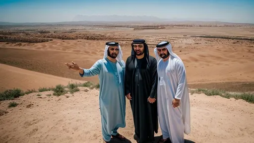 Prompt: Two Arab men holding one of each other hand up to sky standing on a hill, looking at the camera, drone shot, far view, full body, very beautiful, sun in the middle of sky