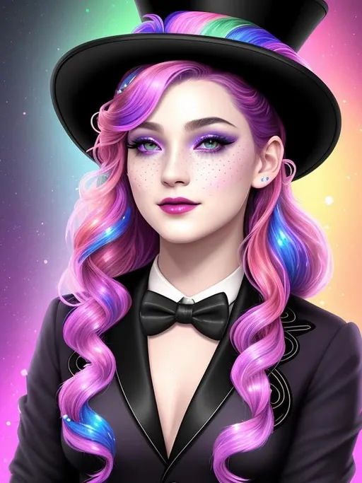 Prompt: Create an 8K resolution digital art portrait of the Goddess of the Dark Rainbow, Aurora, with a young, pop, and elegant appearance. The portrait should be a head and shoulders view, showcasing her as a trickster and entertainer, wearing a black tux and top hat. The style should be fantasy magic with tiny soft freckles, hyper-detailed painting, and dynamic lighting that creates a clear and deep color effect. Use a triadic color scheme and add Unreal Engine 5 volumetric lighting to enhance the overall effect. The portrait should be created by Greg Rutkowski, Artgerm, WLOP, Alphonse Mucha, or one of the other artists known for creating intricate and highly detailed artwork. The environment should also be detailed and intricate, featuring global illumination, and rendered in Unreal Engine 5. The overall effect should be sharp and focused, with a studio photo feel, and trending on ArtStation.