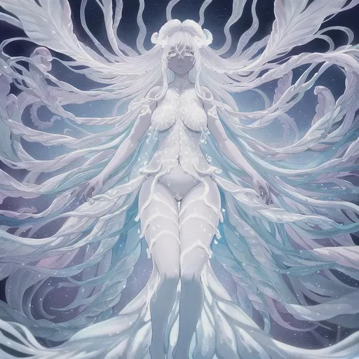 Prompt: Jellyfish girl,Really dark skin, white hair, half closed eyes, white eyebrows, white eyelashes, frail wings, standing on coral, side view, deep Ocean Setting, pale blue background hue, sparkles surrounding her, pudgy body, fishes, highly detailed, perfect composition, hyperrealistic, super detailed, 8k, high quality, Splash art, front, epic Instagram, artstation, hyperdetailed intricately detailed, unreal engine, intricate detail, complementary colors, 8k, heavy strokes