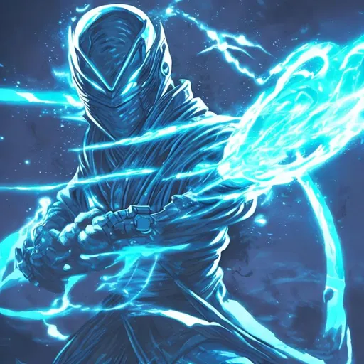 Prompt: An electric blue teleporting futuristic space ninja with his face covered