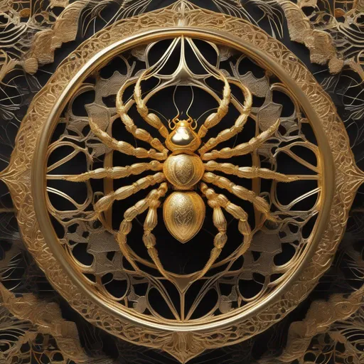 Prompt: A Male Anthropomorphic Spider, golden filigree intricate details, style of LotR, ((By Jabari Khalfani))