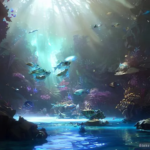 Prompt: An big aquarium filled with blue fishes and many, many sea animals, extremely detailed, realistic, cute, Krenz Cushart + loish +gaston bussiere +craig mullins, j. c. leyendecker +Artgerm. 
