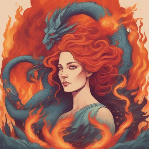 Prompt: A colourful and beautiful Persephone, with hair being made out of fire and lava, surrounded by a dragon and lava, in a painted style