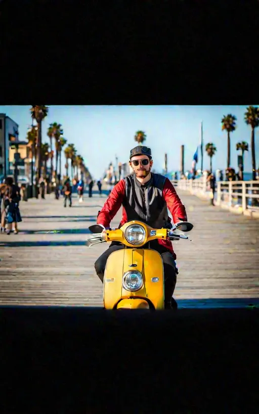 Prompt: Two average looking white Caucasian guys on a motor scooter on the boardwalk in Venice Beach  California 