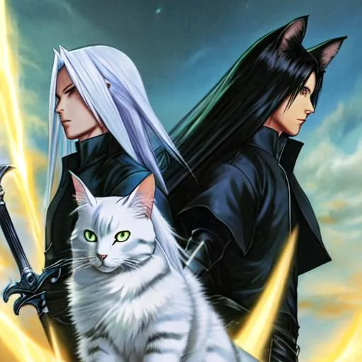 Prompt: Animorphs book cover featuring Sephiroth from Final Fantasy morphing into a cat