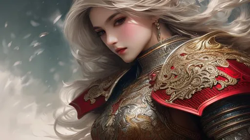 Prompt: hyper detailed painting by wlop, Insanely detailed full body of beautiful female knight wearing red armor, intricate face, beautiful white long hair, rule of third, beautiful landscape of castle, ultra HD 4k 10 bit depth