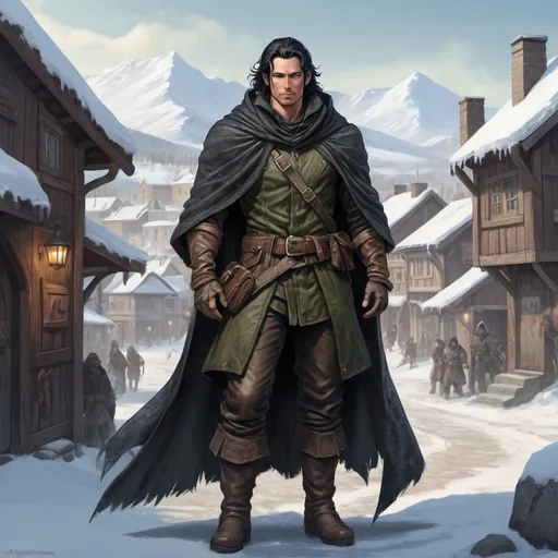 Prompt: Full body, Fantasy illustration of a male ranger, in his fourties, secretive expression, mysterious appearance, leather cloth, cloak, black hair, 
tattoos, high quality, rpg-fantasy, detailed, snow covered wiking town background