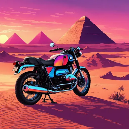 Prompt: Bmw r100, synthwave, outrun, sunset, pyramids, desert 