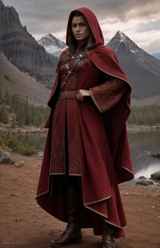 Prompt: #Vasa# character, {{ultra definition, concept art, cinematic, epic 4K masterpiece} red cloak,
{clothes} brown cloak and red clothes, fantasy, {background} mountains, intricate, elegant, highly detailed, digital painting, artstation, concept art, smooth, sharp focus, illustration, 4k, 