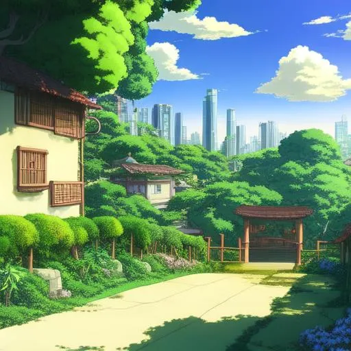 Prompt: Lush city scape with vines and vegetation, prosperity, golden hour, blue and cloudy sky, studio ghibli anime style,