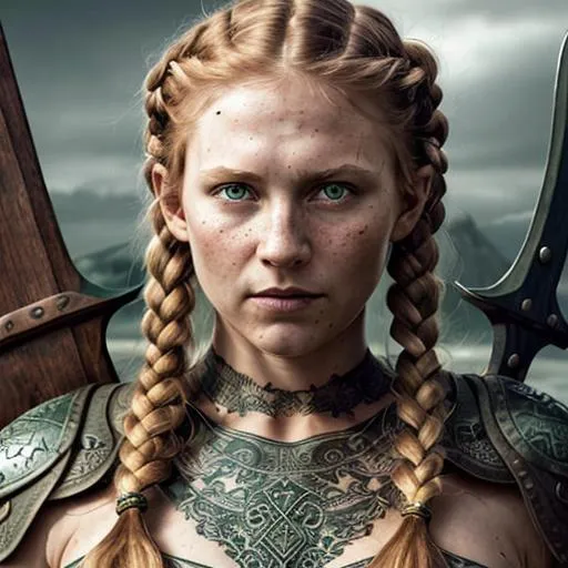 Prompt: Full torso Insanely detailed Portrait photograph of beautiful woman Viking((Viking woman)) (((realistic pretty face))), realistic intents wide green eyes, tattooed, gorgeous light red hair, princess braids ((The Vikings TV show)) shield maiden, detailed face by greg rutkowski and magali villanueve:1.2((holding a battle axe)) in the center of the completed viking village , ((high quality))tan skin, extra cute face, viking warrior costume, short dress, ultra realistic, detailed, chains, choker, thigh high boots, black fishnet body-stocking, hands bound behind back, tied up in lots of rope, in stone dungeon, ruins in background, full image, trending on artstation, pixv, by Makoto Shinkai, by Hyung-tae Kim, by larry elmore, unreal engine 5(cinematic dramatic angle, wearing gladiator sandals, shoulder guard galerus on their left arm, a padded sleeve manica on their right arm, and a loincloth, dirty battered, battle worn, battle hardened, dirt scuffs, dusty, black hair, deep features, muscular toned body, many battle scars, crowded stands in the coliseum 