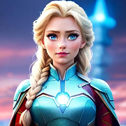 Prompt: Elsa from Frozen standing with iron man, in avengers movie scene, symmetrical face, freckles, side lighting