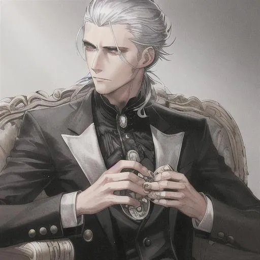 Prompt: A man with combed back silver hair with a silver coin as one of his eyes